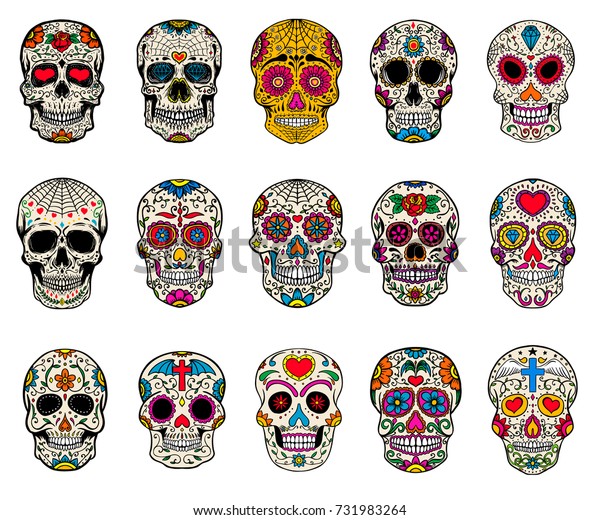 Set of sugar skulls illustrations. Dead day.\
Dia de los muertos. Design elements for poster, card, flyer,\
banner. Vector\
illustration