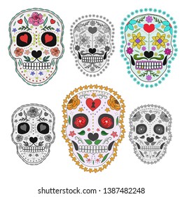 Set of sugar skulls illustrations. Design elements for poster, postcard, flyer, banner, print. Vector illustration