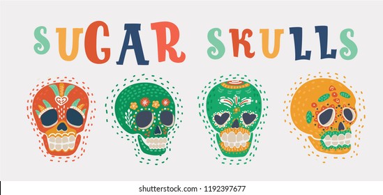 Set of sugar skulls isolated on white background. Day of the dead. Dia de los muertos. Calavera on Halloween. Vector cartoon illustration in modern concept