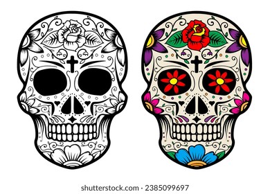 Conjunto de cráneos de azúcar aislados en fondo blanco. Día De Los Muertos. Dia De Los Muertos. Ilustración vectorial.