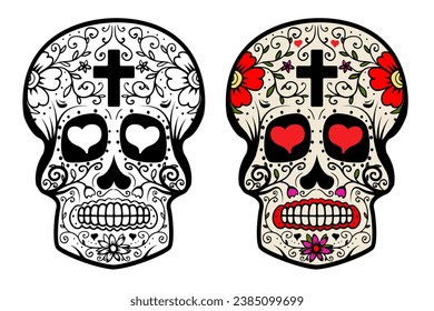 Set of sugar skulls isolated on white background. Day Of The Dead. Dia De Los Muertos. Vector illustration.