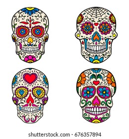 Set of sugar skulls isolated on white  background. Day of the dead. Dia de los muertos. Vector illustration