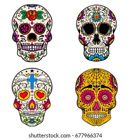 Conjunto de cráneos de azúcar aislados sobre fondo blanco.Día de los muertos. Dia de los muertos. Ilustración del vector