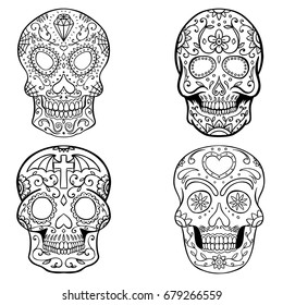 Set of sugar skulls isolated on white  background. Day of the dead. Dia de los muertos. Vector illustration