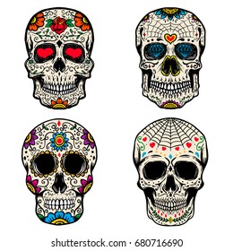 Set of the sugar skulls isolated on white background. Dia de los Muertos. Day of the Dead. Vector illustration