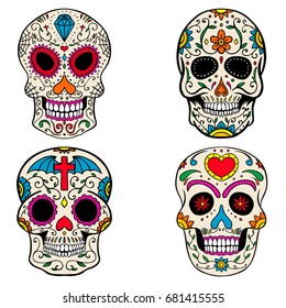 Set of the sugar skulls isolated on white background. Dia de los Muertos. Day of the Dead. Vector illustration