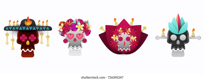 Set of sugar skulls in paper cut style. Traditional mexican composition. Template for day of the dead, invitation, poster, cover, greeting card. Vector illustration.