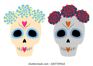 Set of Sugar Skulls with a wreath of flowers. Dia de los muertos. Mexico. Sticker. Day of the Dead