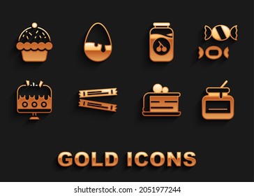 Set Sugar stick packets, Candy, Jar of honey, Piece cake, Cake plate, Cherry jam jar, Cupcake and Chocolate egg icon. Vector