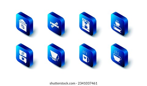 Set Sugar stick packets, Coffee machine, cup and book, heart, V60 coffee maker, conversation and Bag beans icon. Vector