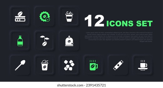 Set Sugar stick packets, Coffee cup, beans, Milk bottle, Iced coffee, Medal for and cubes icon. Vector