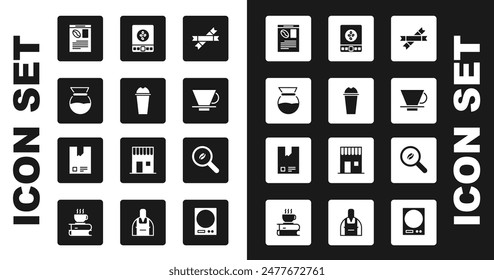 Set Sugar stick packets, Milkshake, Pour over coffee maker, Newspaper and, V60, Electronic scales, Selection beans and Bag icon. Vector