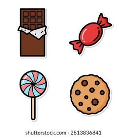 Set of sugary treats featuring milk chocolate bar wrapped candy swirl lollipop and crunchy chocolate chip cookie icon graphics.