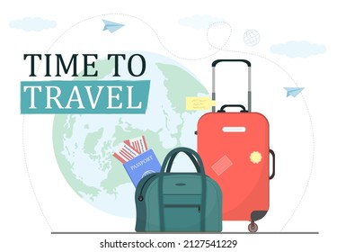 Set of suit cases for traveling on the earth background, time to travel concept, flat vector illustration