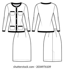 Set Of Suit Chanel - Style - Classic Skirt And Blazer Technical Fashion Illustration With Two - Pieces, Knee Length, Long Sleeves, Slim Fit. Flat Template Front, Back White Color. Women Men Unisex CAD