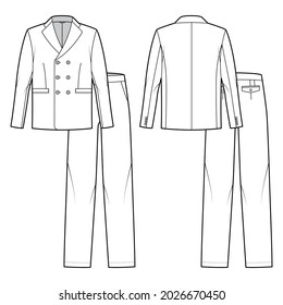 Set of Suit double breasted - classic mens trouser and jacket technical fashion illustration with two - pieces, long sleeves, pockets. Flat template front, back, white color. Women, unisex CAD mockup