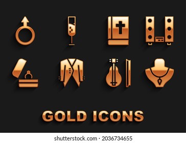 Set Suit, estéreo en casa con dos altavoces, collar en el mannequín, violín, aros de boda, libro sagrado de la biblia, símbolo de género masculino e icono de copa de champán. Vector