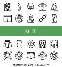 Set of suit icons such as Tuxedo, Underpants, Necktie, Woman, Man, Office worker, Briefcase, Bow tie, Businesswoman, Jeans, Skirt, Astronaut, Short, Pant, Shorts , suit