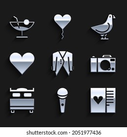 Set Suit, Microphone, Postcard with heart, Photo camera, Bedroom, Heart, Dove and Cocktail icon. Vector