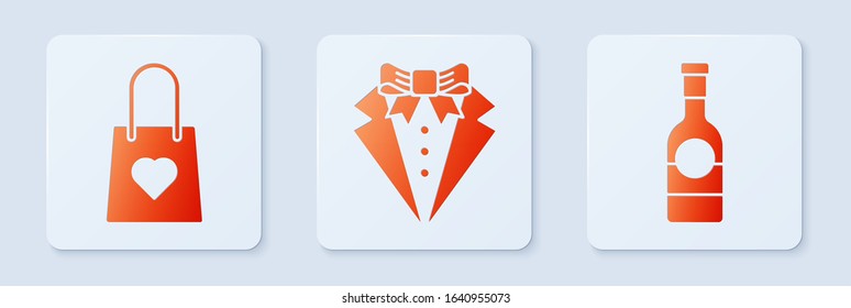 Set Suit, Shopping bag with heart and Champagne bottle. White square button. Vector