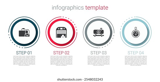 Set Suitcase, Aircraft hangar, Fuel tanker truck and Barometer. Business infographic template. Vector