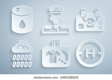 Set Suitcase, Aircraft steering helm, Cloud with rain, Helicopter landing pad, Pilot and Barrel oil icon. Vector