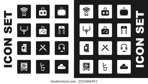 Set Suitcase, leme de direção da aeronave, sinal de roteador e wi-fi, aeroporto detector de metais, auscultadores com microfone e ícone de bilhete de passaporte. Vetor