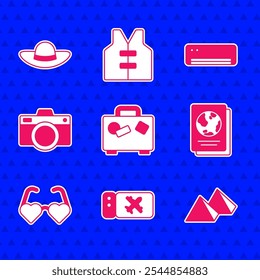 Set Suitcase, Airline ticket, Egypt pyramids, Passport, Heart shaped love glasses, Photo camera, conditioner and Elegant women hat icon. Vector