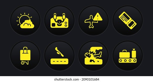 Set Suitcase, Airline ticket, Plane landing, crash, Warning aircraft, Aircraft steering helm, Conveyor belt with suitcase and Sun cloud weather icon. Vector