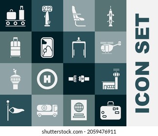 Set Suitcase, Airport control tower, Helicopter, Airplane seat, window, conveyor belt with suitcase and Metal detector airport icon. Vector