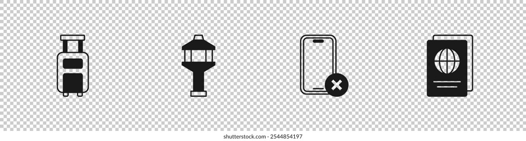 Set Suitcase, Airport control tower, No cell phone and Passport icon. Vector