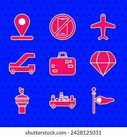 Set Suitcase, Airport luggage towing truck, Cone meteorology windsock wind vane, Parachute, Radar, Passenger ladder for plane boarding, Plane and Location icon. Vector