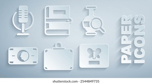 Set Suitcase, Ancient amphorae, Stacks paper money cash, Butterfly in frame, Book and Microphone icon. Vector