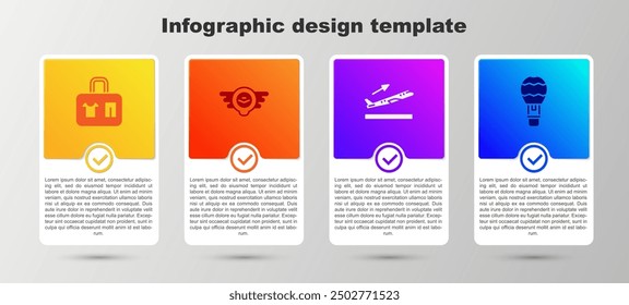 Conjunto Maleta, emblema de aviación, despegue de avión y globo aerostático. Plantilla de infografía de negocios. Vector