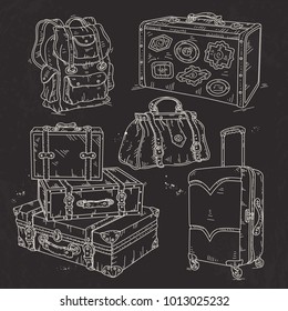set suitcase, bag and backpack for travel drawn on black background