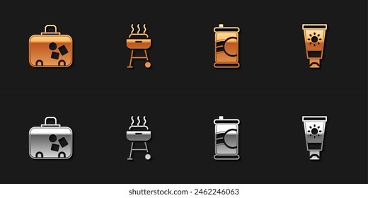 Set Suitcase, Barbecue grill, Soda can and Sunscreen cream in tube icon. Vector