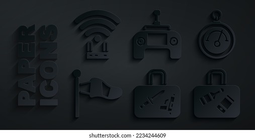 Set Suitcase, Barometer, Cone meteorology windsock, Drone remote control and Router and wi-fi signal icon. Vector