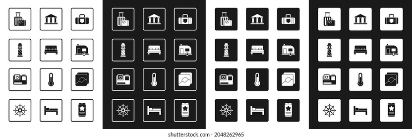 Set Suitcase, Big bed, Lighthouse, Rv Camping trailer, Museum building, Photo and Action extreme camera icon. Vector