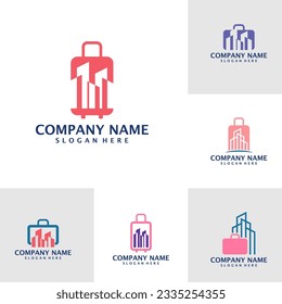 Set of Suitcase with City logo design vector. Suitcase logo design template concept