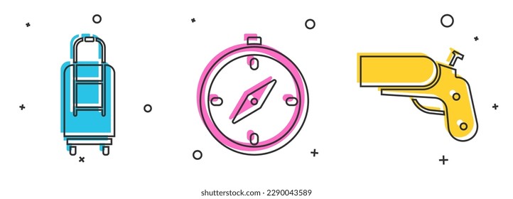 Indique el icono de la pistola maleta, brújula y bengala. Vector