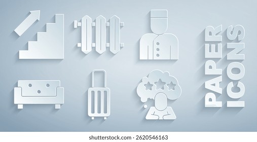 Set Suitcase, Concierge, Sofa, Five stars rating review, Heating radiator and Stairs up icon. Vector