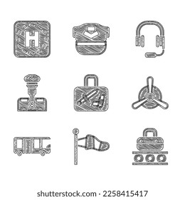 Set Suitcase, Cone meteorology windsock, Conveyor belt with suitcase, Plane propeller, Airport bus, Pilot, Headphones microphone and Helicopter landing pad icon. Vector