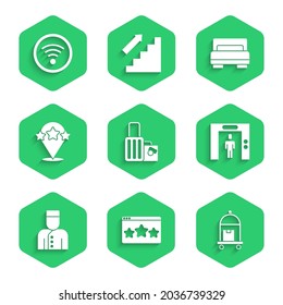 Set Suitcase, Five stars rating review, Lift, Concierge, Hotel room bed and Wi-Fi wireless icon. Vector