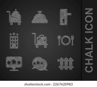 Set Suitcase, Revisión de clasificación de cinco estrellas, Radiador de calefacción, Placa, tenedor y cuchillo, Edificio de hotel, Mango de puerta y Cubierto con el icono de la bandeja. Vector