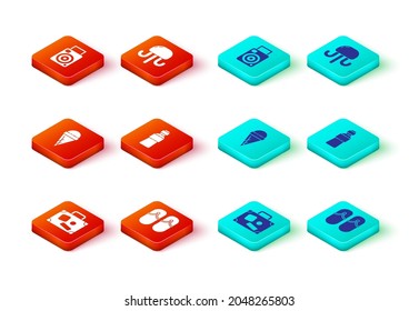 Set Suitcase, Flip flops, Ice cream in waffle cone, Bottle of water, Jellyfish and Photo camera icon. Vector