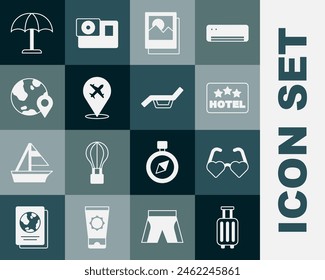 Set Suitcase, Heart shaped love glasses, Signboard with text Hotel, Photo, Plane, Location on the globe, Sun protective umbrella and Sunbed and icon. Vector