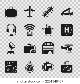 Set Suitcase, Helicóptero, almohadilla de aterrizaje, cohete, señal wi-fi del router, auriculares con micrófono e icono Trolley para comida. Vector