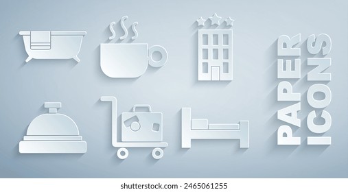 Set Suitcase, Hotel building, service bell, room bed, Coffee cup and Bathtub icon. Vector
