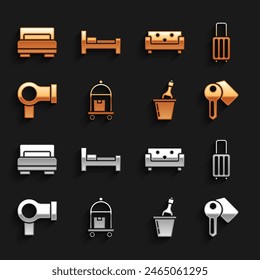 Set Suitcase, Hotel door lock key, Champagne in an ice bucket, Hair dryer, Sofa, room bed and  icon. Vector