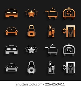 Set Suitcase, Hotel luggage cart, Lift, Champagne bottle with glass, Sofa, Covered tray food, room bed and Stars rating icon. Vector